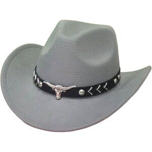 Unisex Light Gray 100% Polyester Bull Skull Band Classic Fedora Cowboy Felt Hat